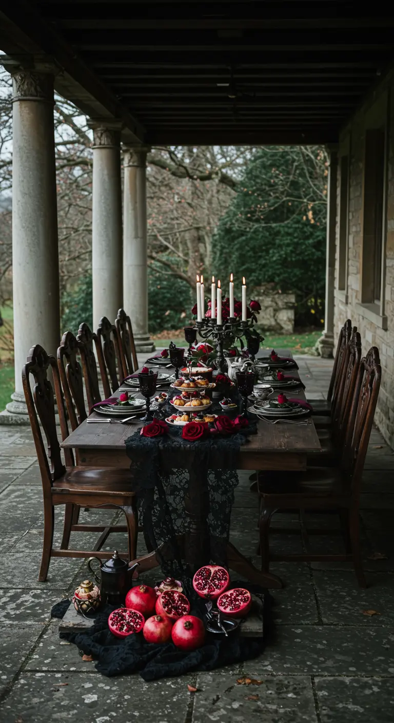 Mesa de comedor larga en un porche con columnas, decorada en estilo gótico con encaje negro y rosas rojas.