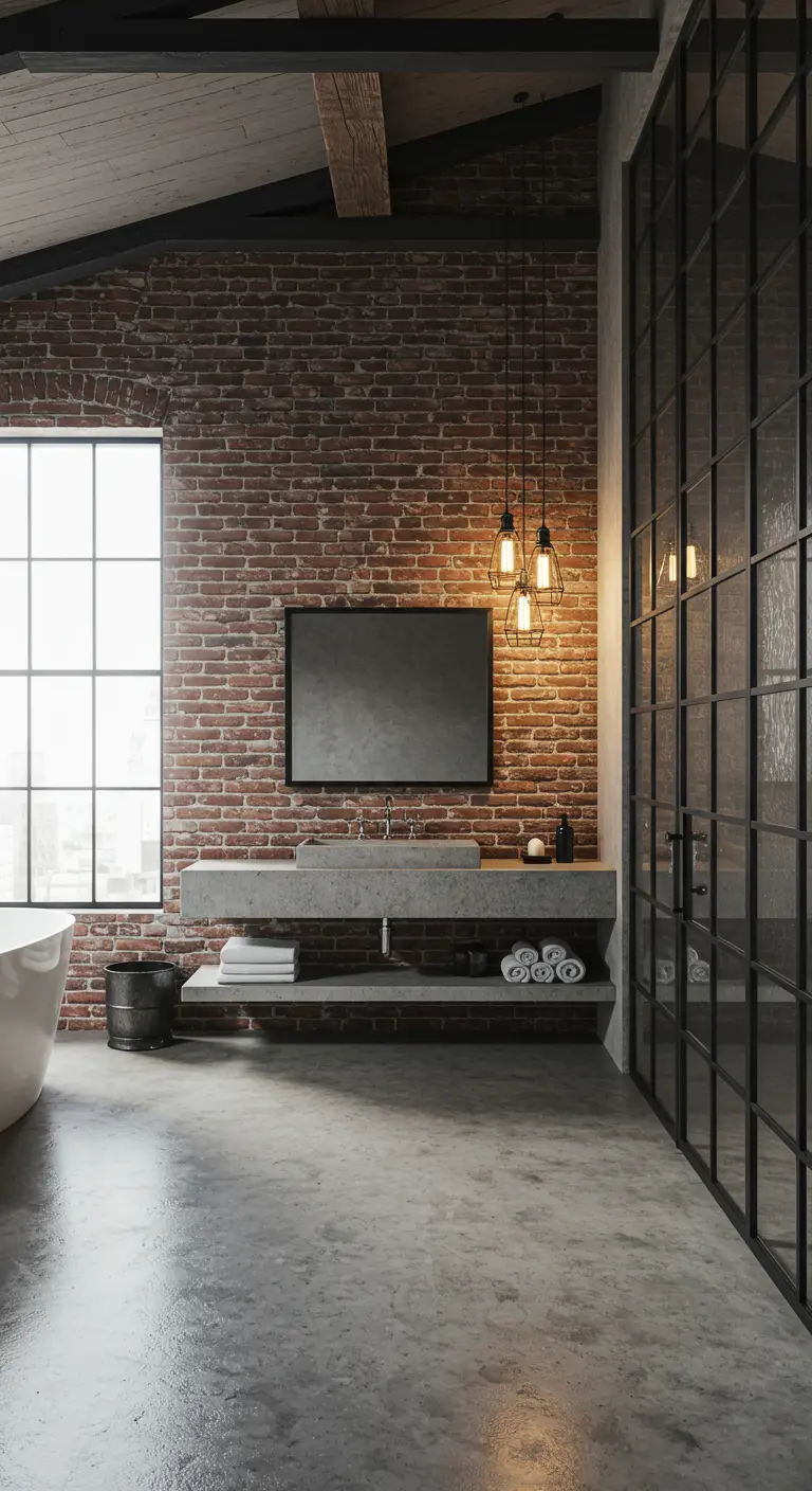 Baño de estilo industrial con pared de ladrillo y lámparas de filamento