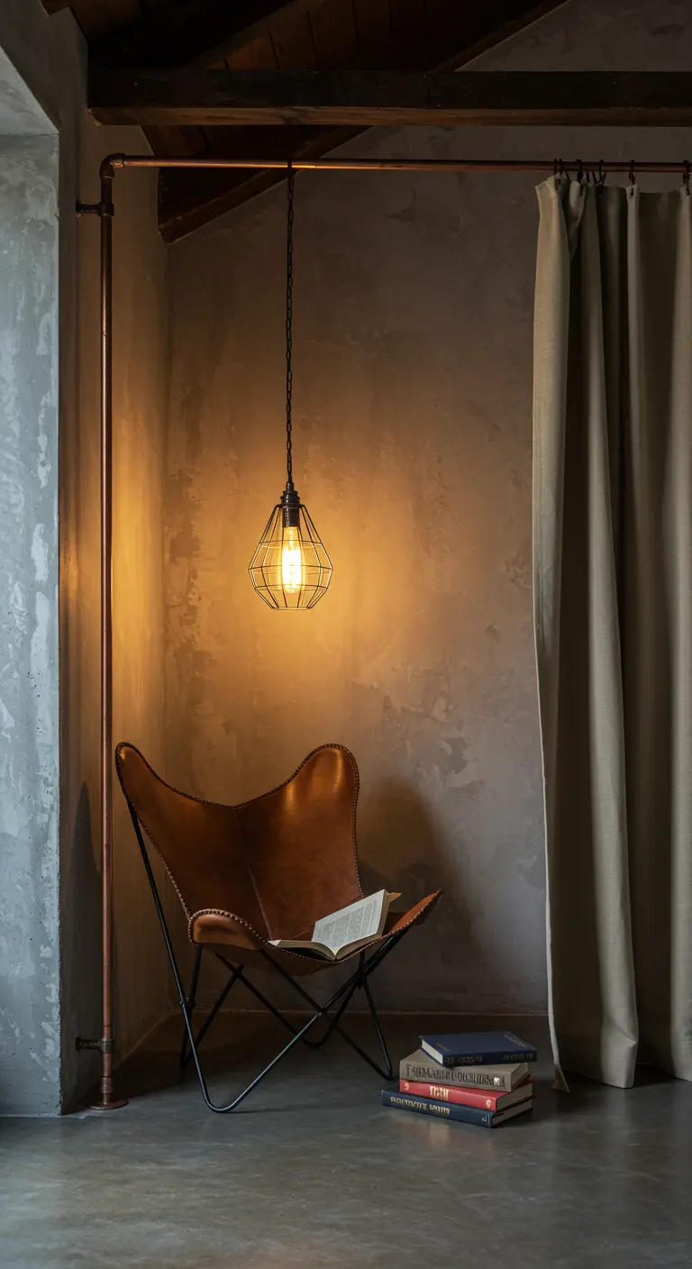 Rincón de lectura industrial con silla de cuero, barra de cortina de cobre y lámpara colgante