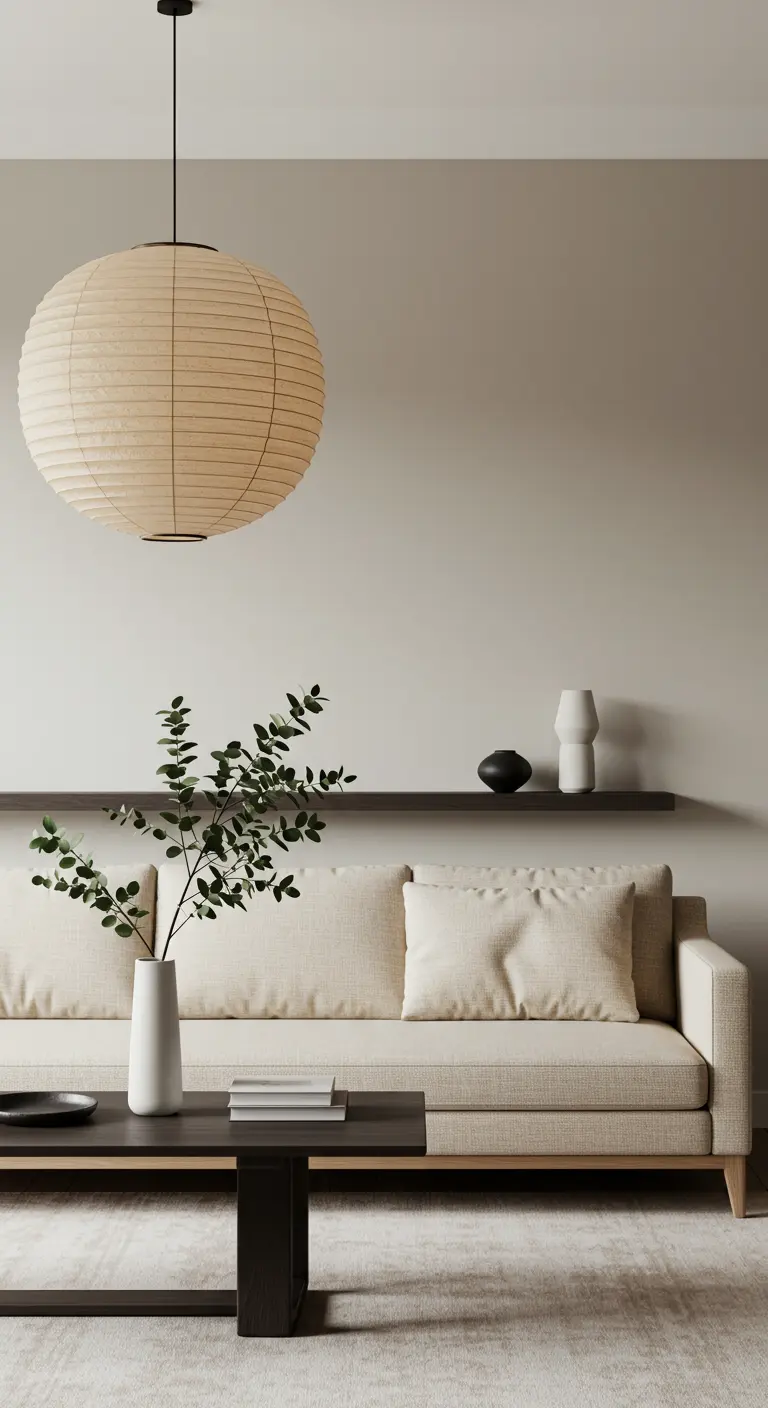 Salón minimalista con lámpara colgante de papel de arroz y sofá beige.