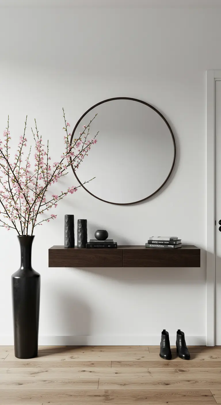 Recibidor de estilo Japandi con consola flotante oscura, espejo de marco fino y ramas de cerezo en un jarrón