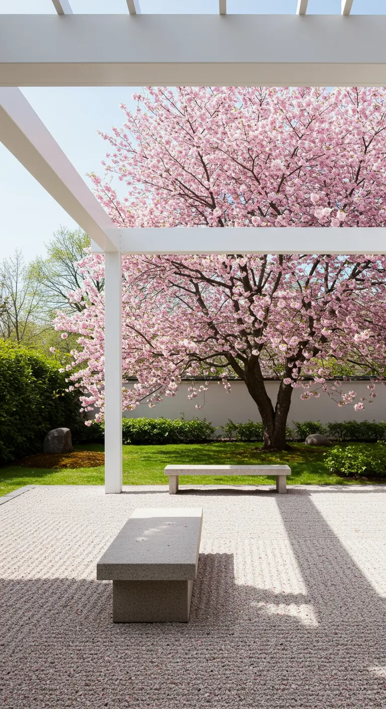 Pérgola blanca de estilo moderno enmarcando un gran cerezo en flor sobre un jardín de grava rastrillada.