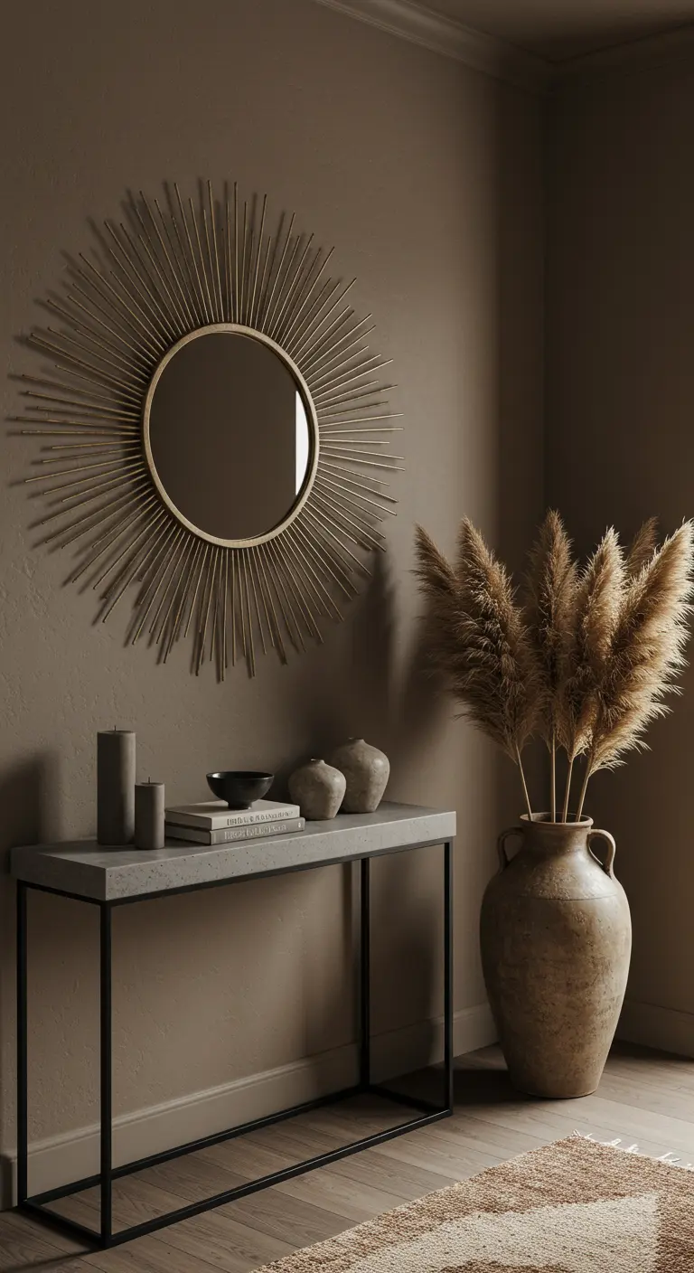 Rincón en tonos tierra con un espejo de sol de rayos finos y hierba de la pampa.