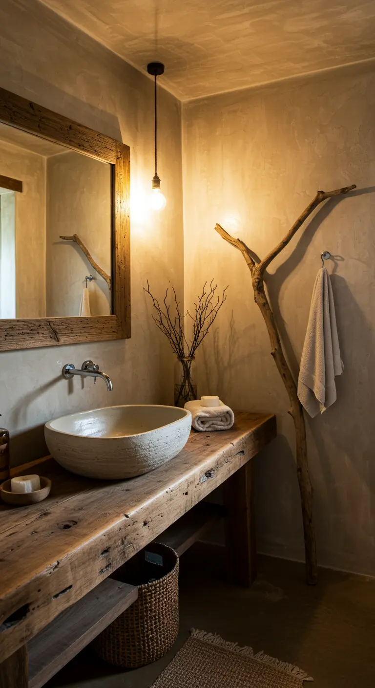 Baño rústico y minimalista con una gran rama seca utilizada como toallero en la pared.