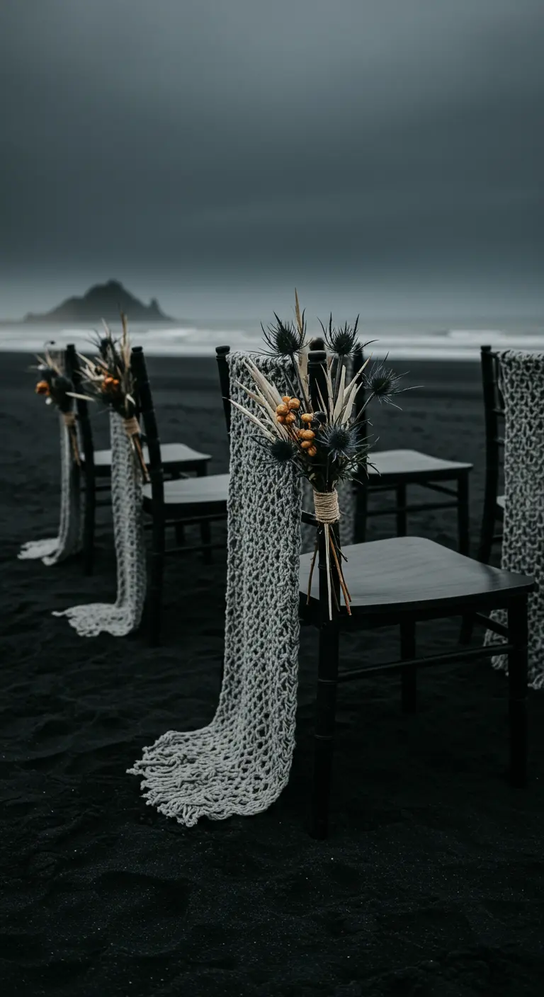 Sillas negras en una playa de arena negra con tela de punto gris y cardos.