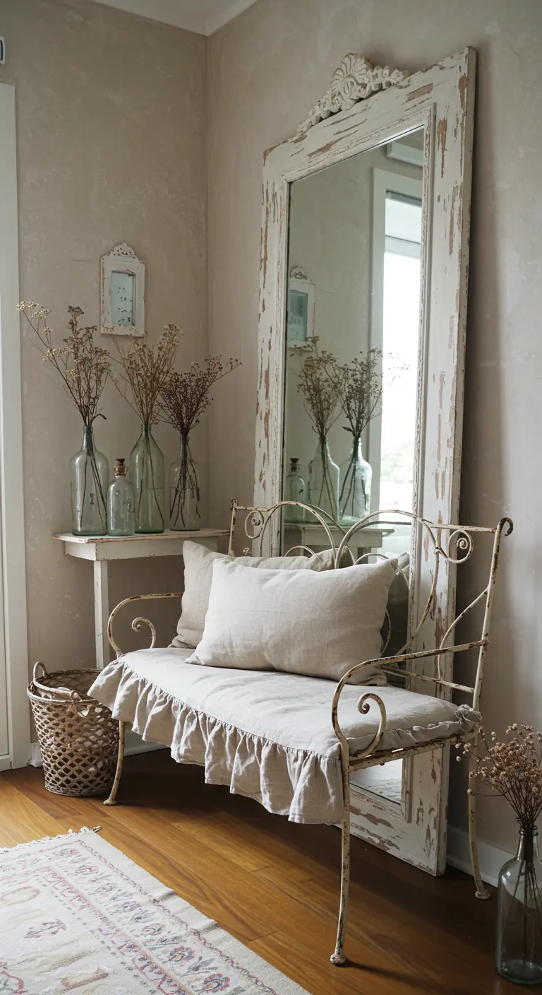 Rincón romántico shabby chic con un banco de forja, espejo decapado y flores secas.