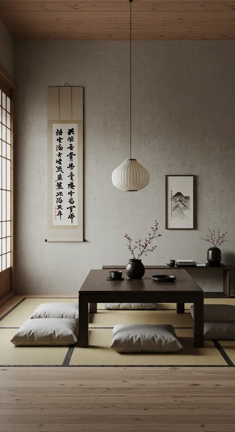 Comedor de estilo japonés con un pergamino de caligrafía y un cuadro de tinta en una pared texturizada