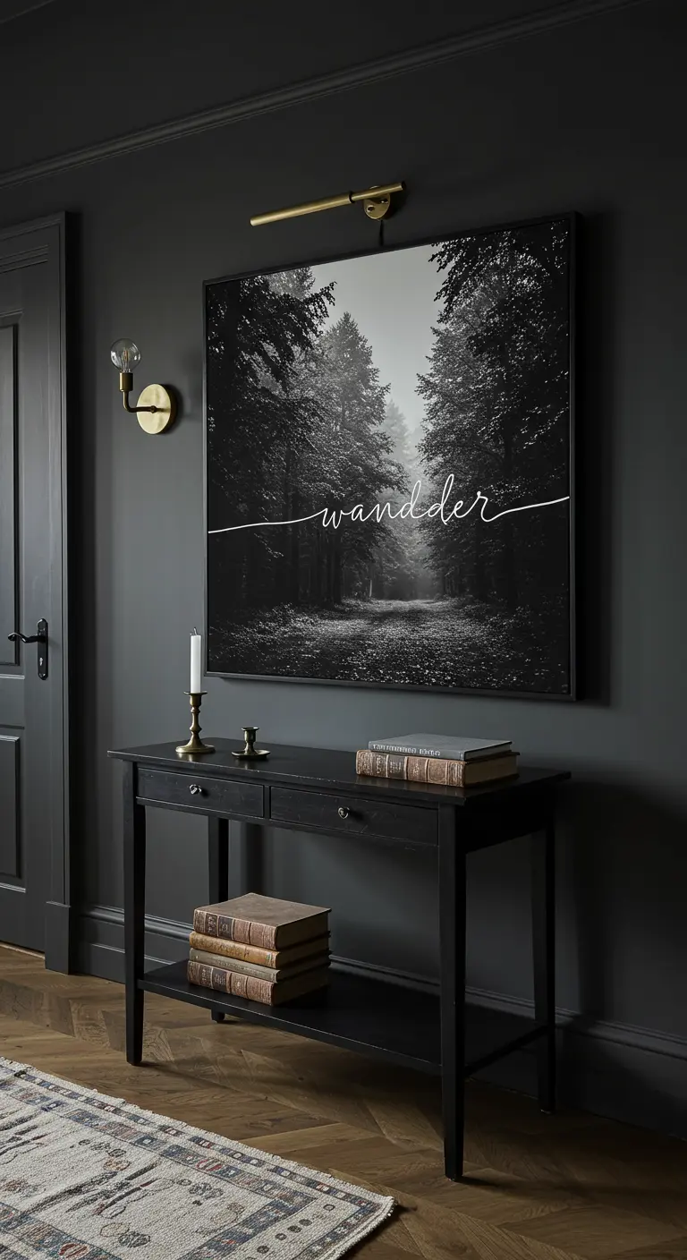 Recibidor oscuro y elegante con un gran cuadro de un bosque en blanco y negro y la palabra 'wander'.