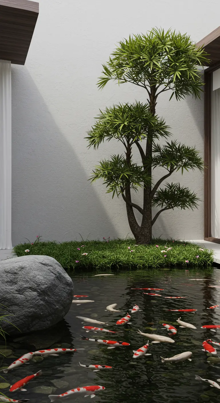 Estanque de peces koi minimalista con una gran roca y un pequeño árbol de estilo bonsái.
