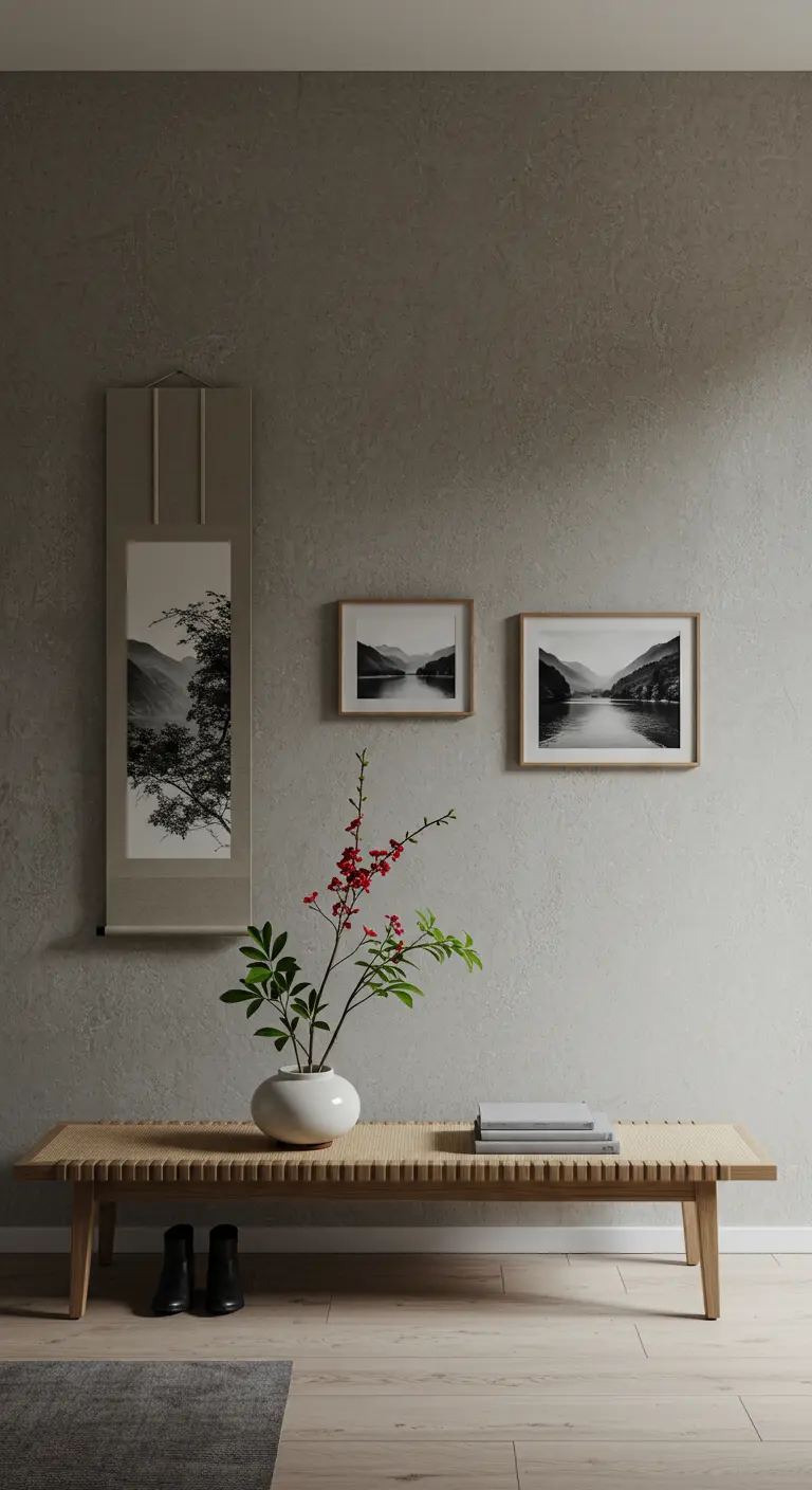 Recibidor de estilo japonés con un banco bajo, un pergamino colgante y fotos de paisajes.