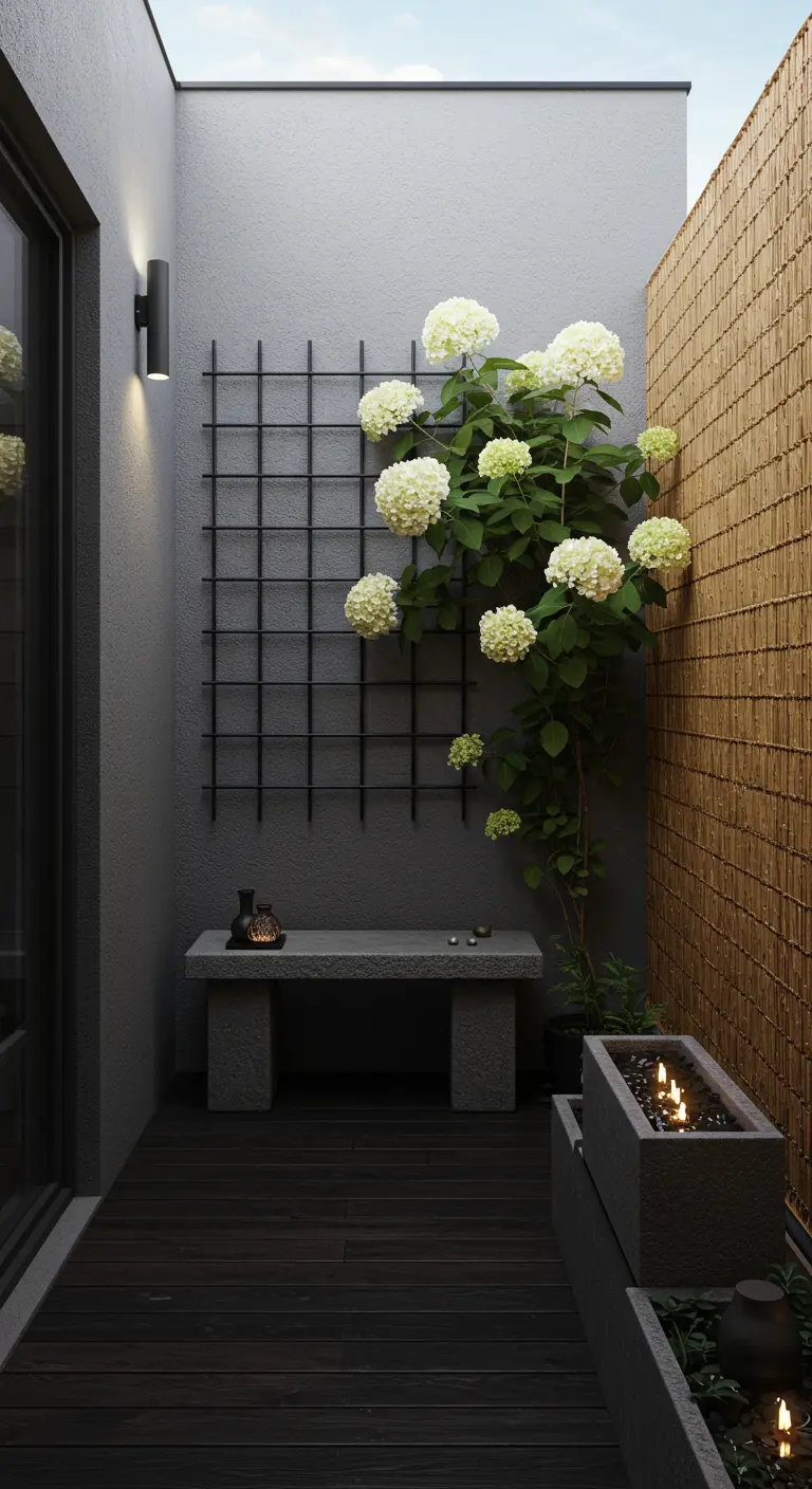 Patio minimalista con una hortensia blanca trepando por una celosía negra sobre una pared gris.