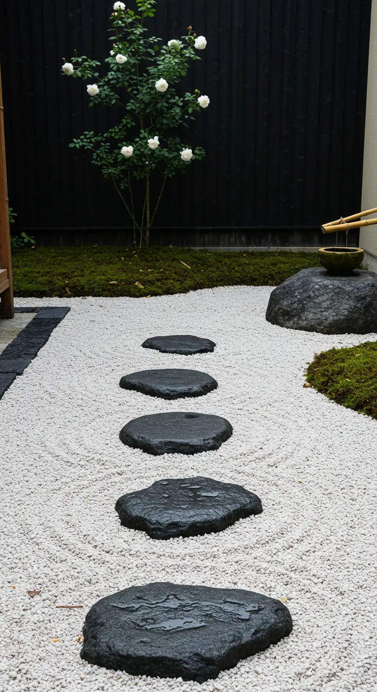 Jardín zen con piedras de paso oscuras sobre grava blanca y un solitario rosal blanco.