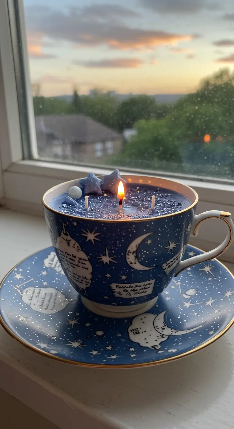 Vela azul oscuro con estrellas de cera en una taza con diseño de lunas y constelaciones