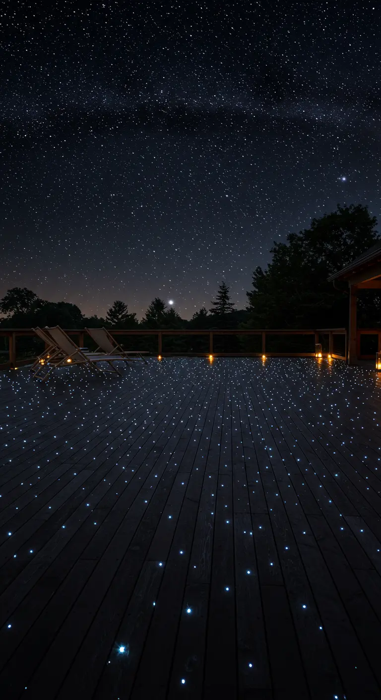 Terraza de madera oscura bajo un cielo estrellado, con cientos de pequeñas luces de fibra óptica.