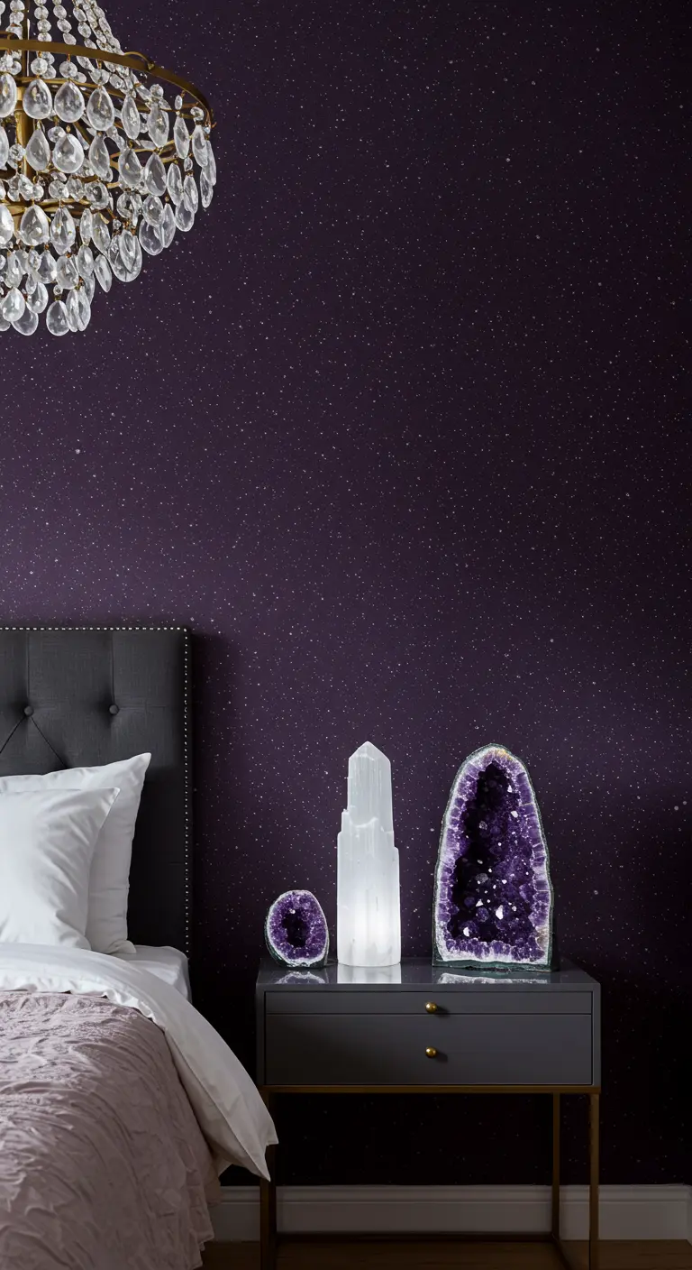 Dormitorio con pared morada estrellada, geodas de amatista y una lámpara de araña de cristal.