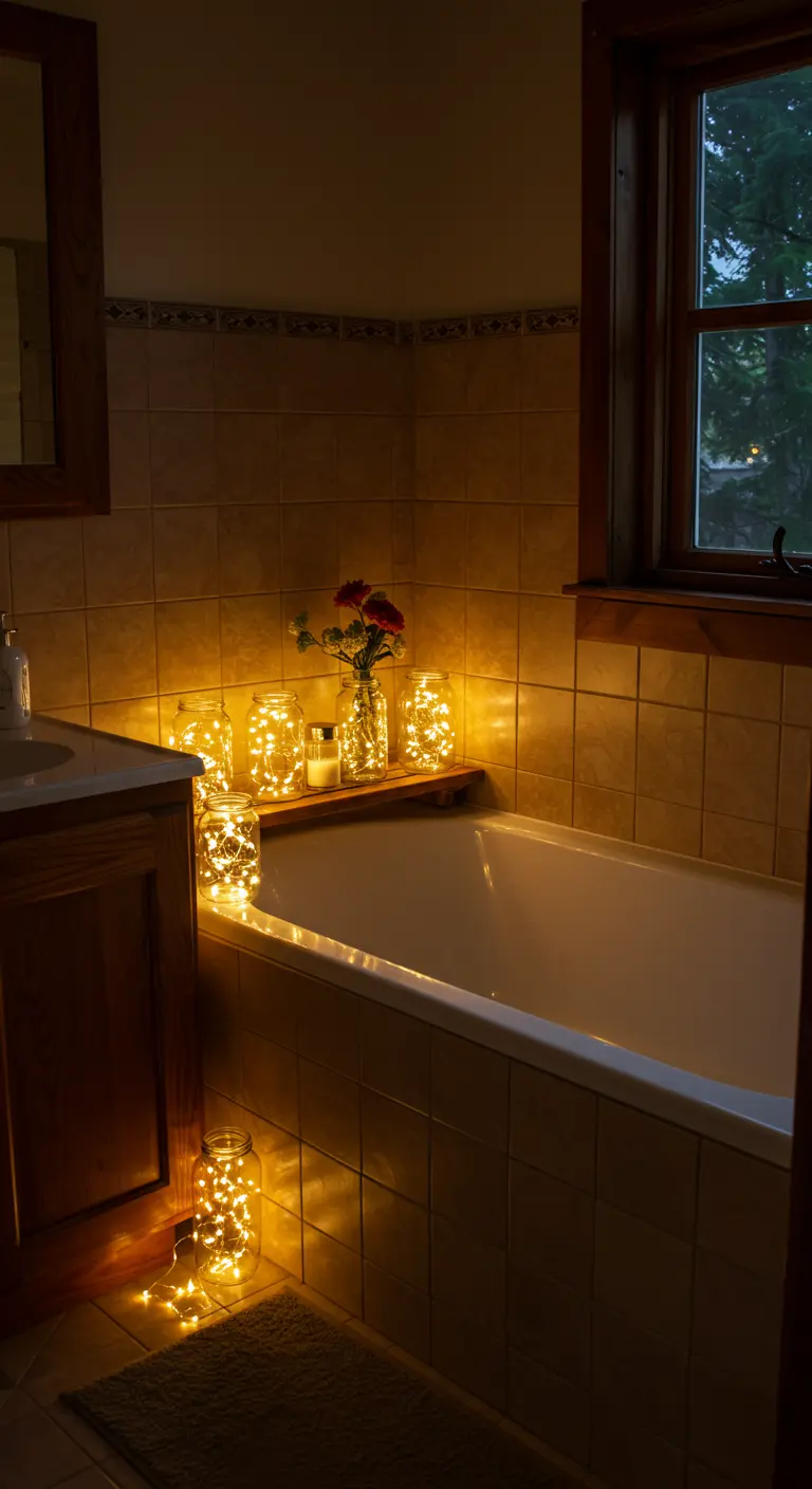 Bañera en un baño con poca luz, iluminada por luces de hadas dentro de frascos de vidrio.