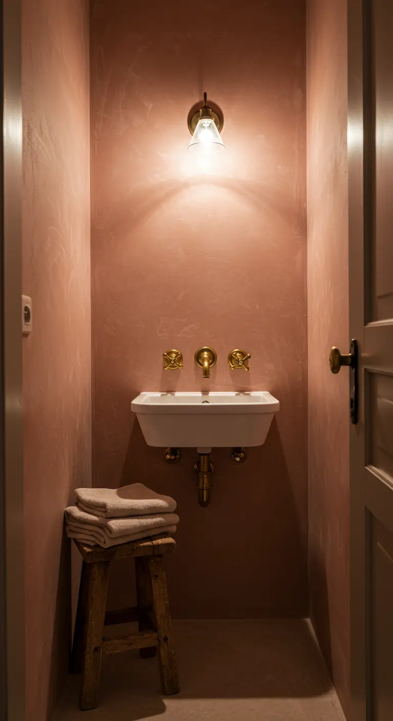 Baño estrecho con paredes texturizadas en rosa empolvado y grifería de latón vintage