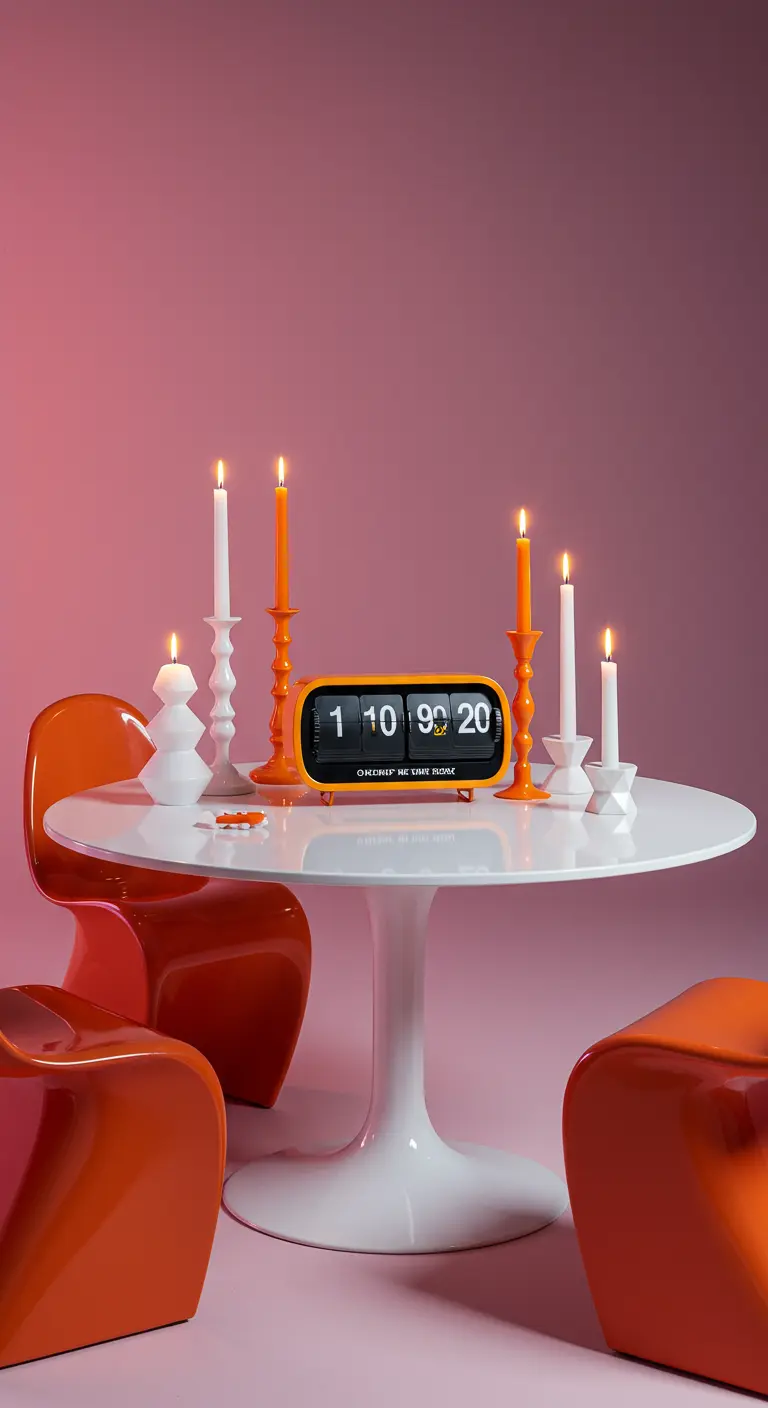 Mesa redonda blanca con un reloj de solapa naranja, sillas de diseño y candelabros escultóricos.
