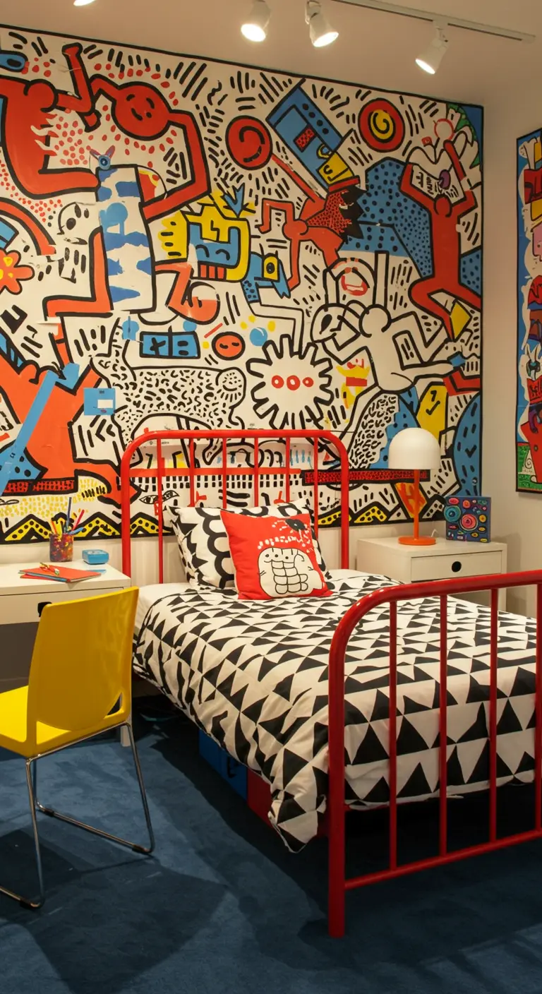 Dormitorio infantil de los 80 con un mural estilo Keith Haring y una cama de metal roja.