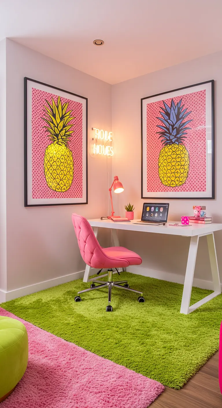 Oficina vibrante con cuadros de piñas pop-art, alfombra verde y una silla rosa.