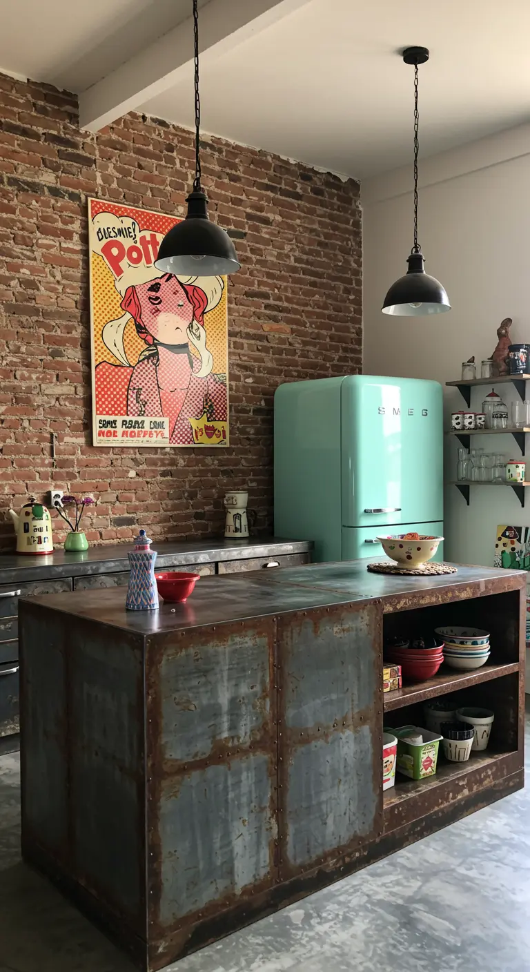 Cocina industrial con un gran cuadro de Pop Art en la pared de ladrillo y un frigorífico retro.
