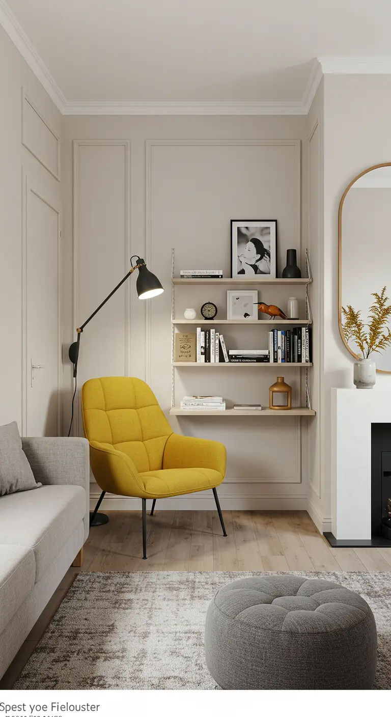 Rincón de lectura con un llamativo sillón amarillo mostaza junto a estanterías flotantes.