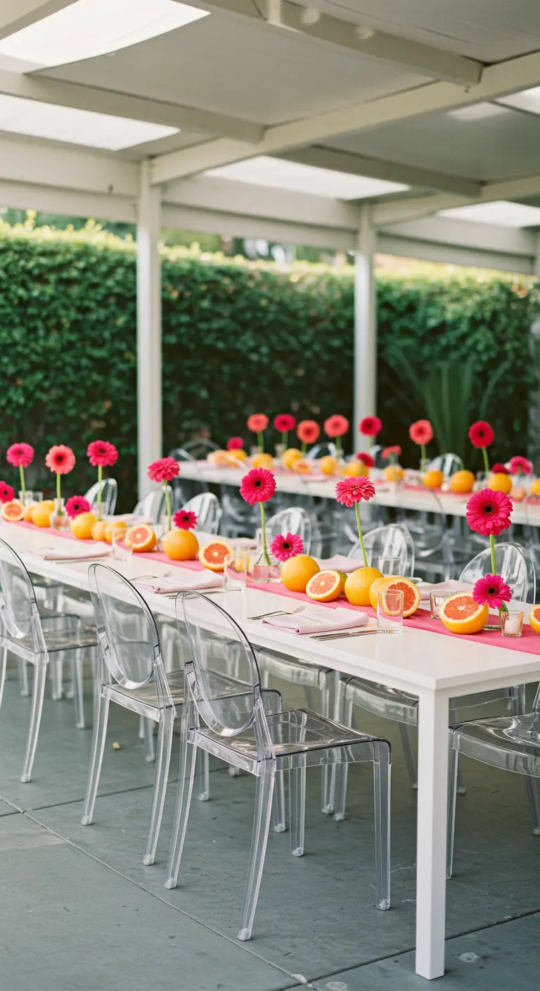 Mesa blanca moderna decorada con pomelos cortados y gerberas rosas sobre un camino fucsia.