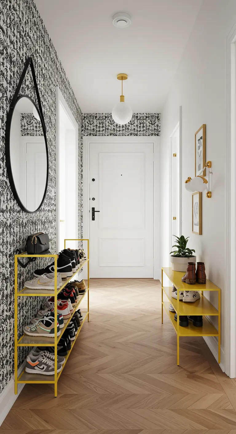 Entrada con papel pintado gráfico en blanco y negro, y zapateros metálicos de color amarillo vivo.