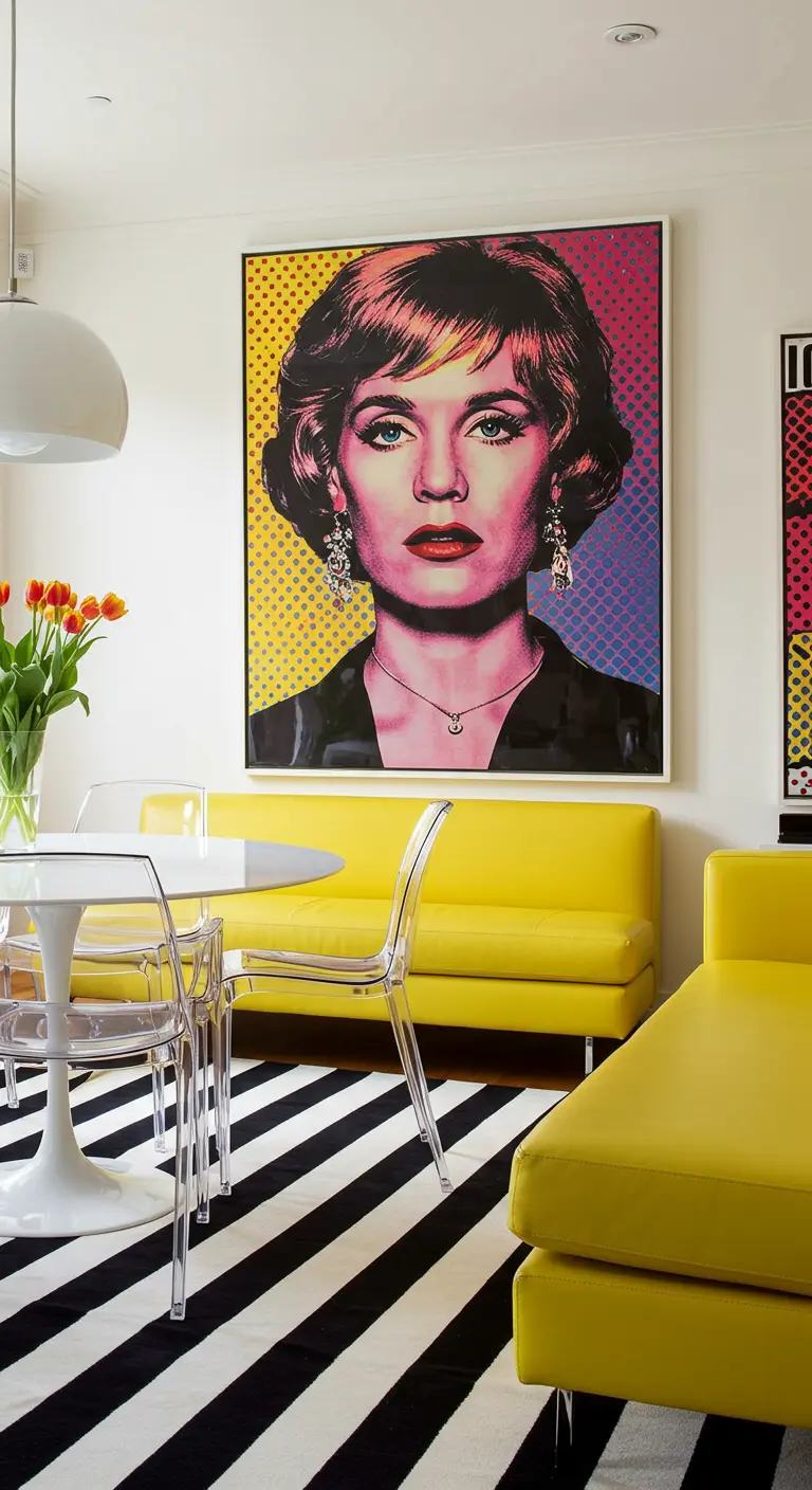 Sala Pop Art con un retrato de mujer colorido sobre un sofá amarillo y una alfombra de rayas.