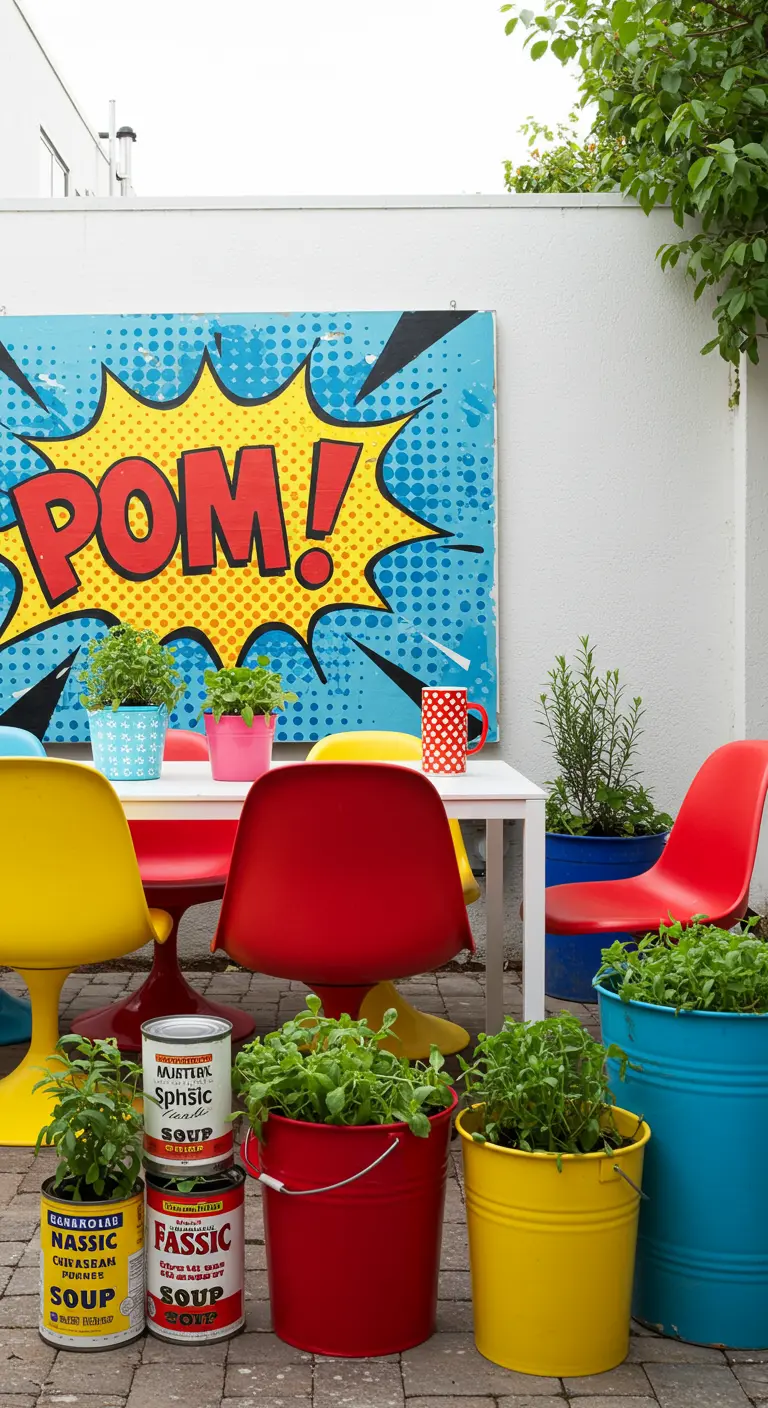 Zona de comedor exterior con un cuadro de Pop Art, sillas de colores y hierbas en latas.