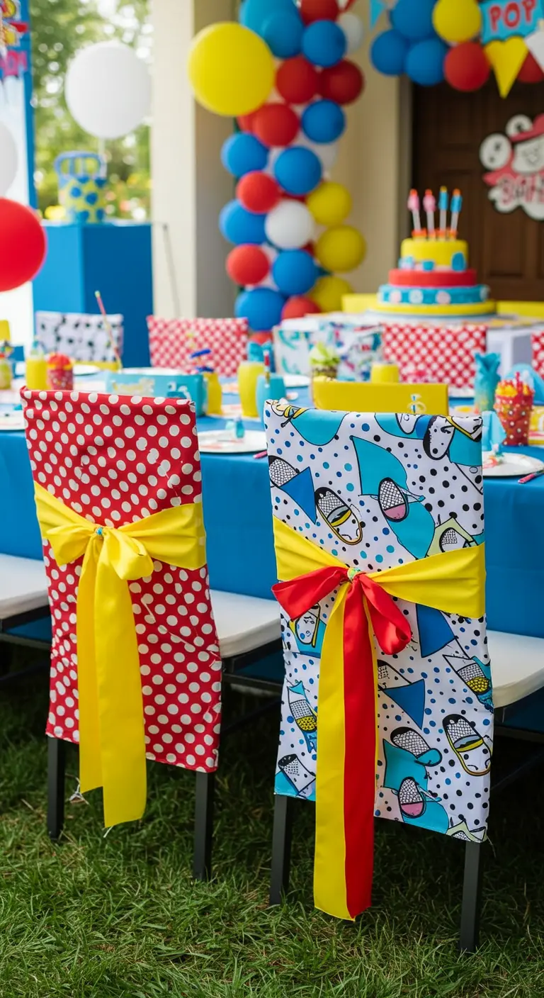 Sillas en una fiesta infantil decoradas con telas de lunares y estampados de cómic con lazos amarillos y rojos.