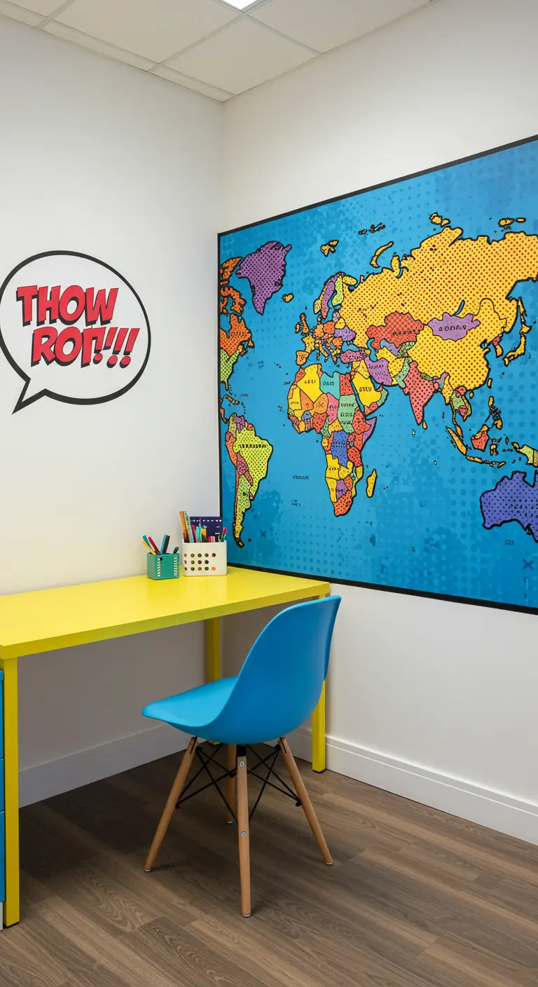 Rincón de estudio estilo Pop Art con un mapa del mundo colorido y un escritorio amarillo.