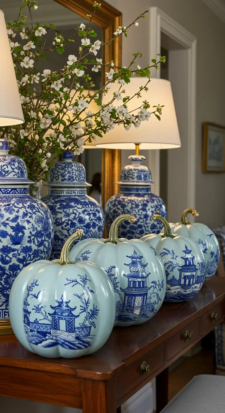 Calabazas de color azul pálido pintadas a mano con diseños de porcelana Chinoiserie azul y blanca.