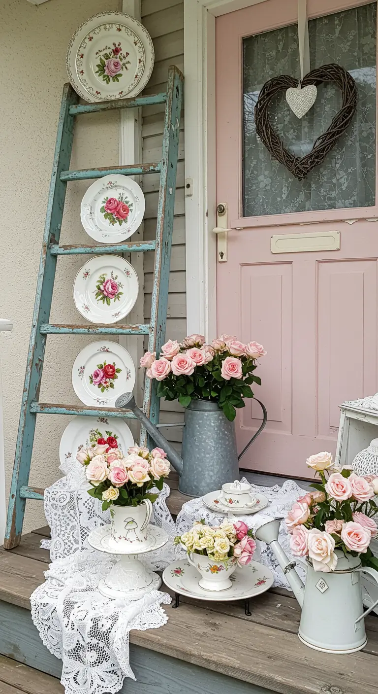 Escalera azul de estilo vintage con platos de porcelana floral, rosas rosadas y encaje.