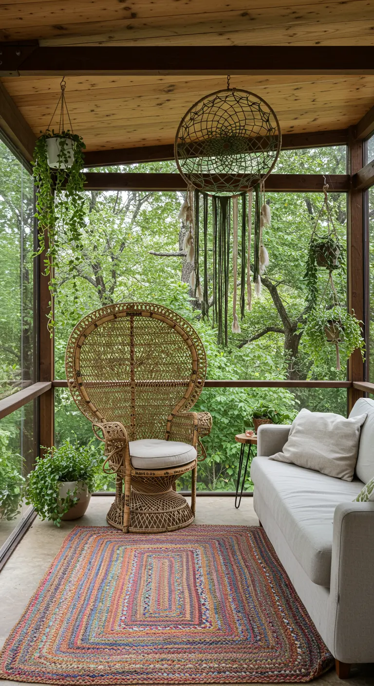Porche acristalado con sillón pavo real, sofá, plantas colgantes y un gran atrapasueños verde