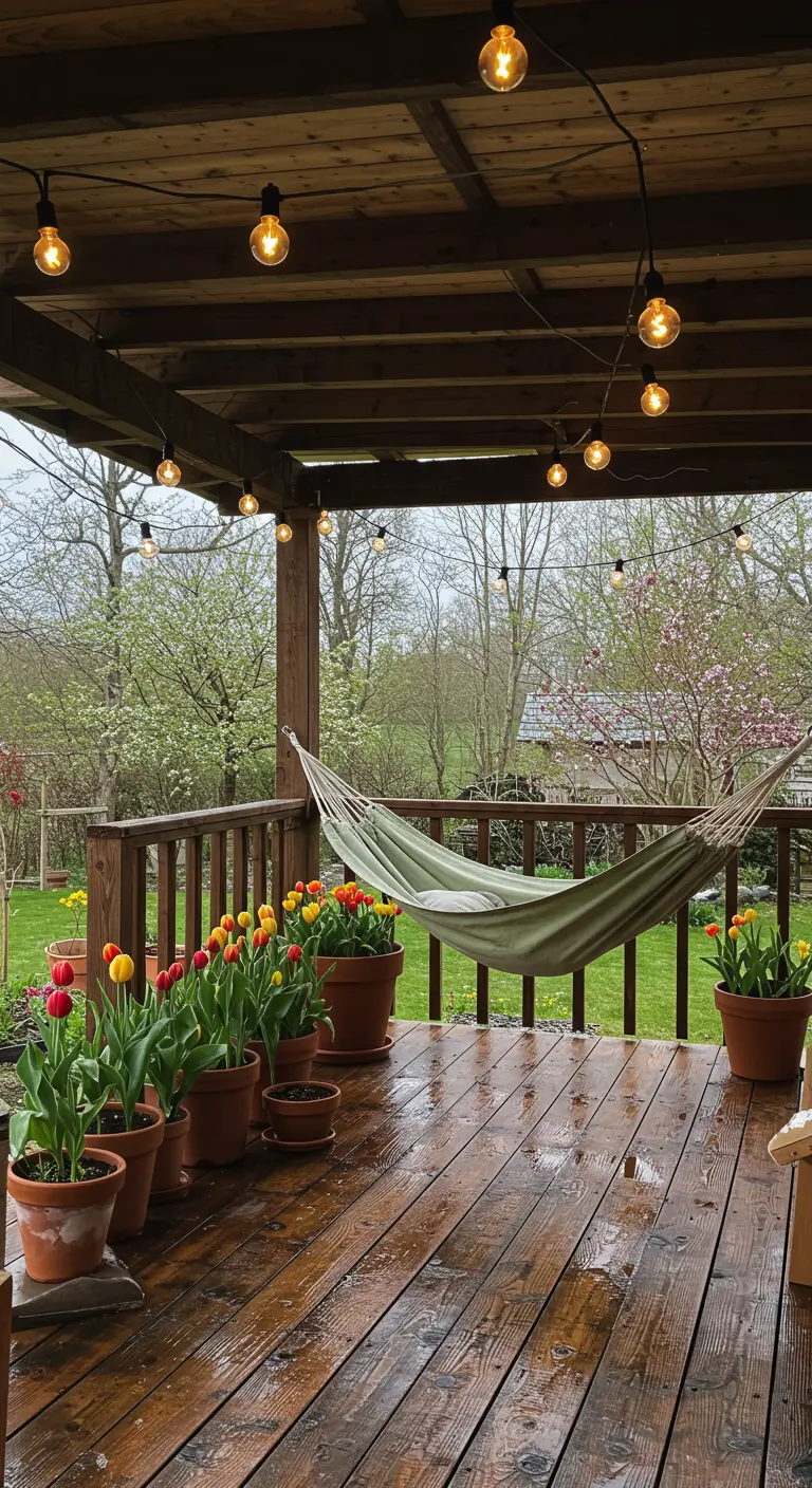 Porche de madera con hamaca verde, tulipanes en macetas y luces cálidas.