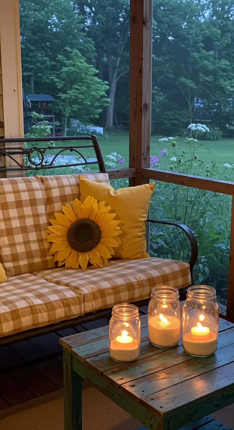 Banco de porche con cojín de girasol y tres velas en tarros de cristal sobre una mesa.