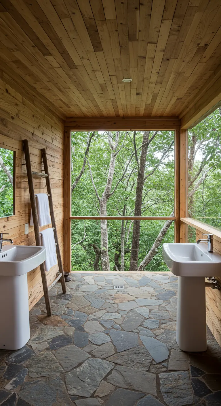 Baño rústico abierto a la naturaleza con suelo de piedra y paredes de madera