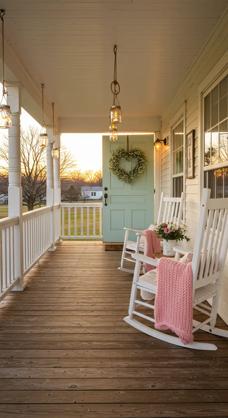Porche de estilo farmhouse con mecedoras blancas, mantas rosas y una corona de corazón en la puerta.