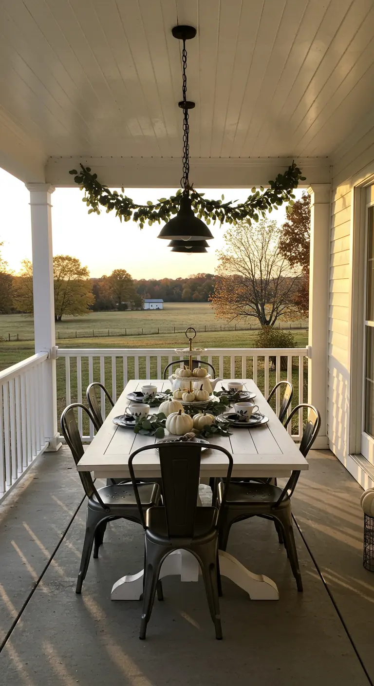 Mesa de comedor blanca en un porche al atardecer, decorada con calabazas blancas y sillas de metal.
