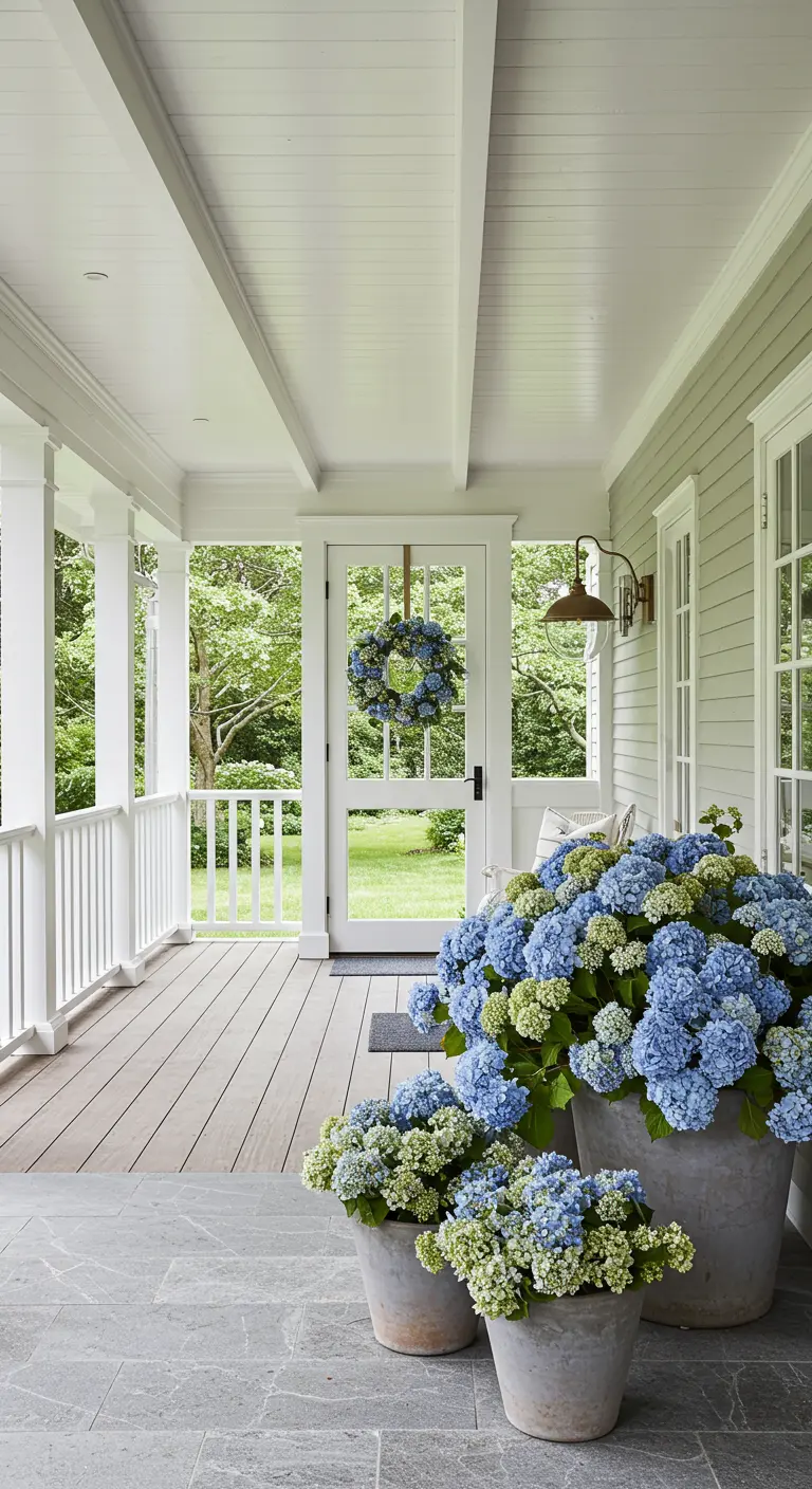 Amplio porche cubierto con suelo de piedra y grandes macetones de cemento repletos de hortensias azules