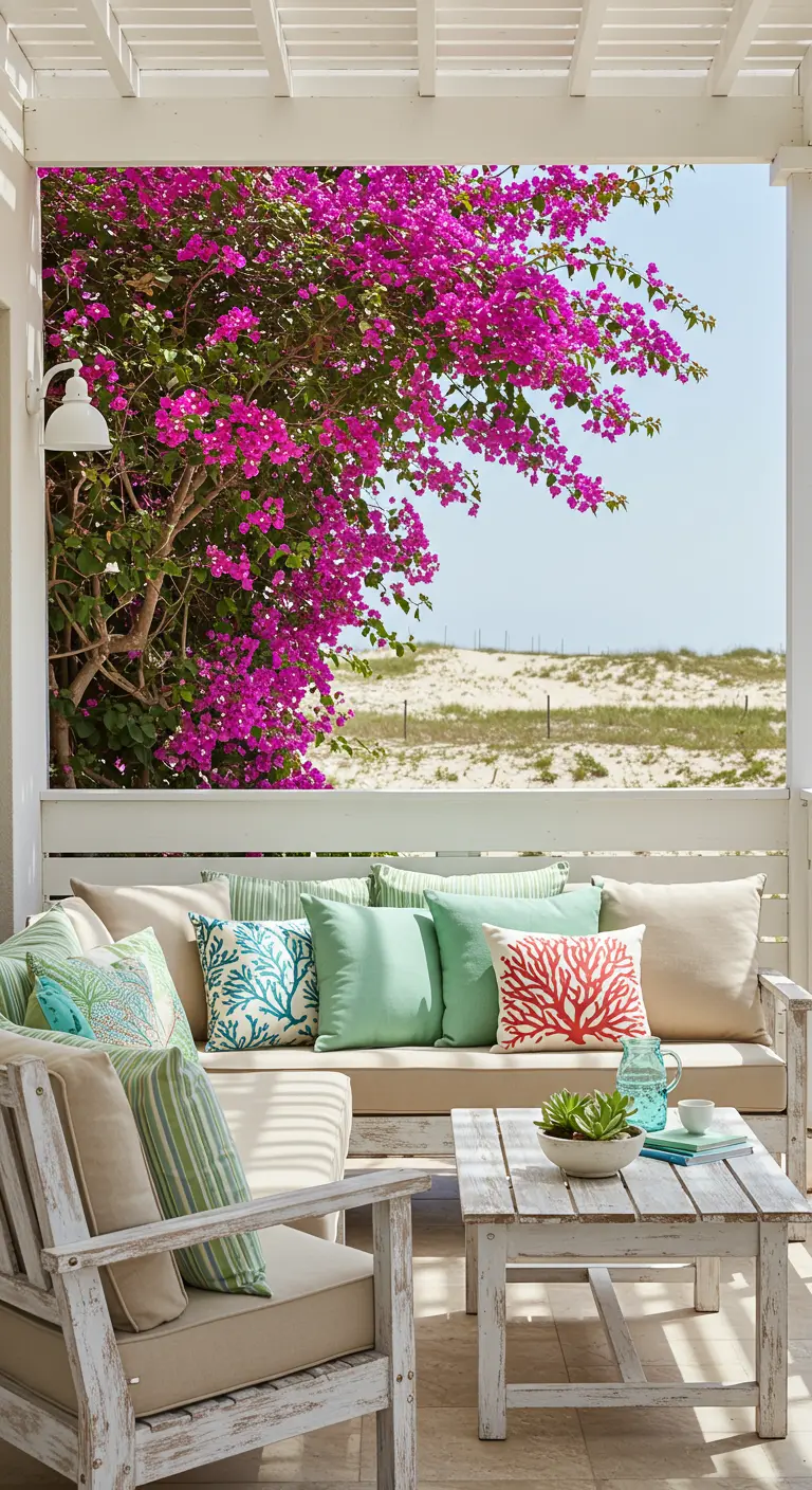 Porche de madera blanca con cojines en tonos pastel y vistas a la playa.