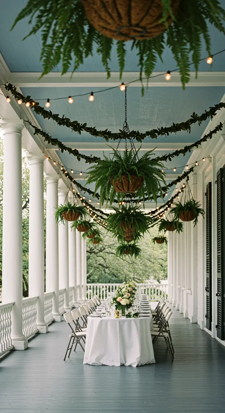 Larga mesa de boda en un porche con columnas, decorado con luces y plantas colgantes.