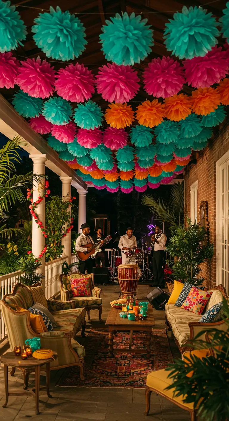 Porche de una casa con el techo lleno de pompones de papel de colores y una banda tocando.