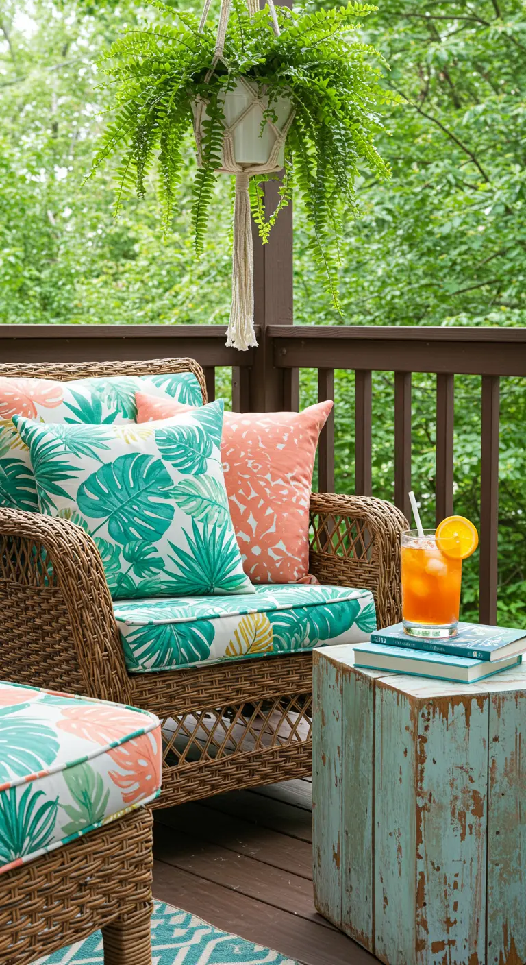 Sillas de mimbre en un porche con cojines de estampado tropical en verde y coral.