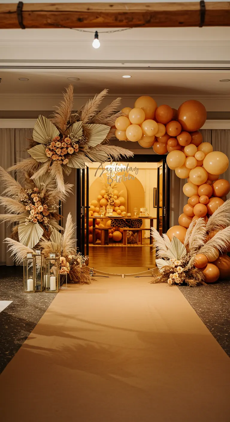 Impresionante entrada a una fiesta decorada con un arco de globos en tonos tierra y hierba de la pampa.