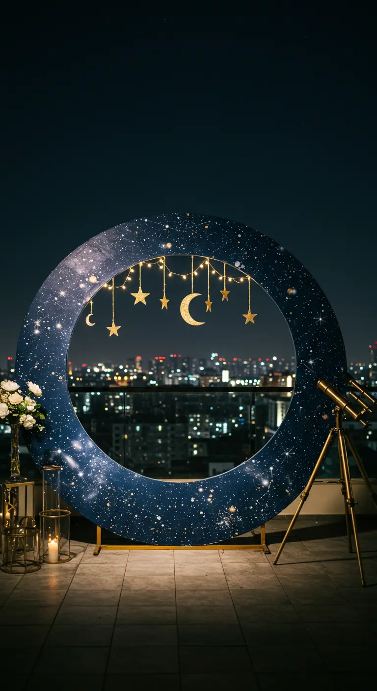 Marco de photocall circular gigante pintado como un cielo nocturno con estrellas y lunas colgantes.