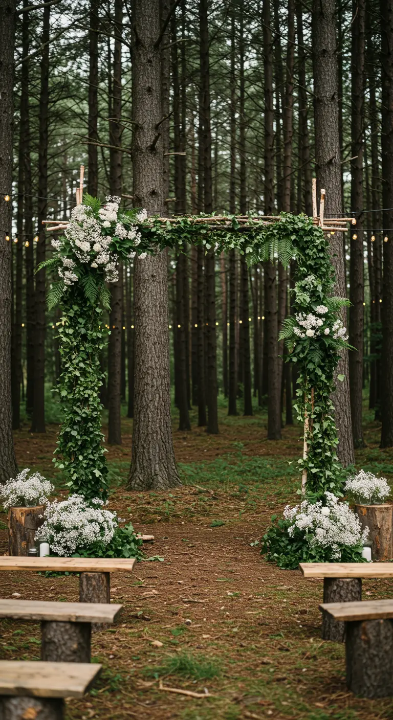 Arco de boda rústico hecho con ramas y flores blancas en medio de un bosque de pinos.