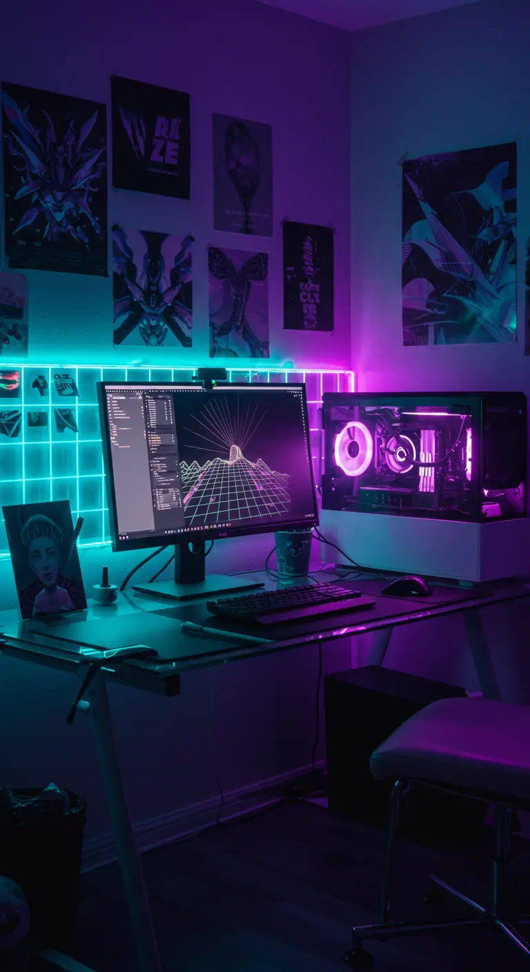 Setup de gaming con luces neón en tonos cian y magenta y un panel de luz cuadriculado.