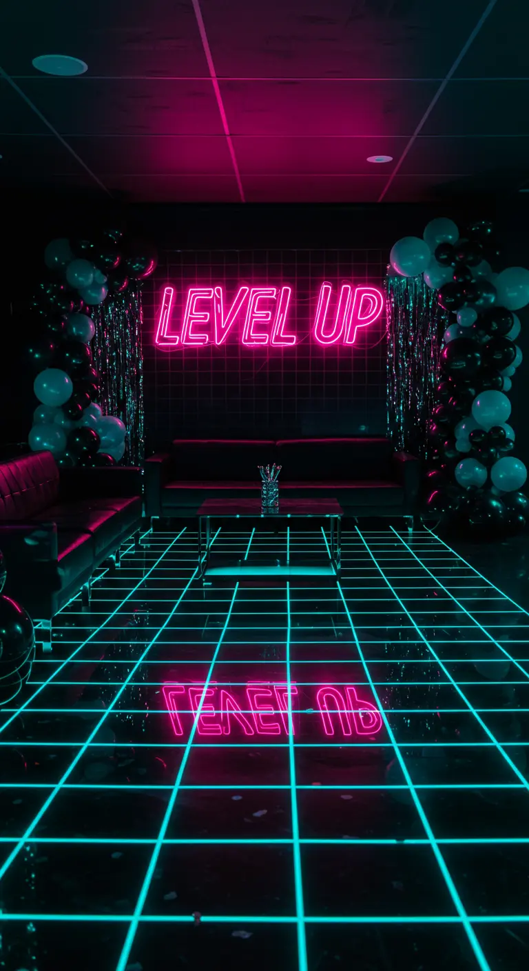Sala de fiesta oscura con letrero de neón 'Level Up' y suelo de rejilla brillante.